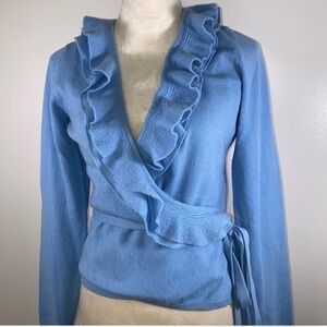 Burberry London wrap ruffle v neck top soft blue